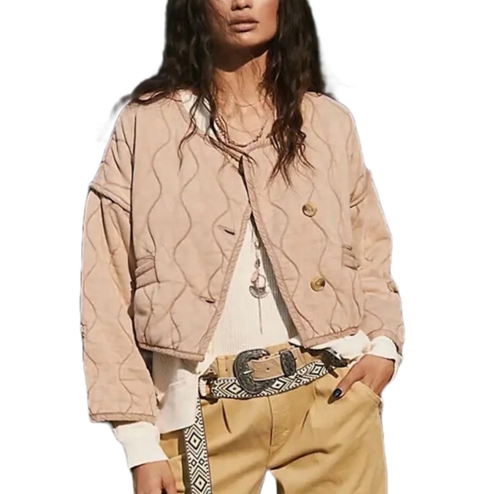 Free People Gwynnie Quilted Boxy Cotton Jacket in Champagne Diamonds Size M NWT